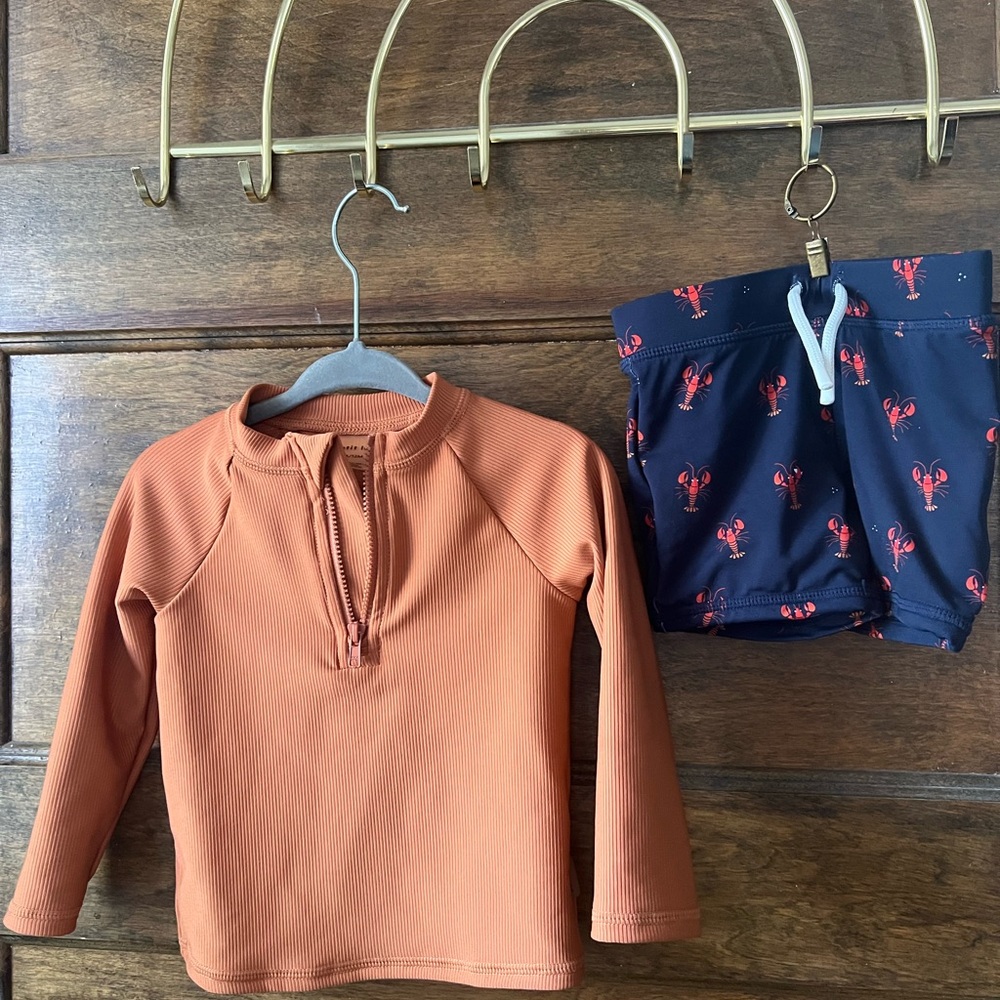 Petit Lem Orange/Coral Rashguard and Lobster Shorts Swim Set (6-12mos) UPF+50